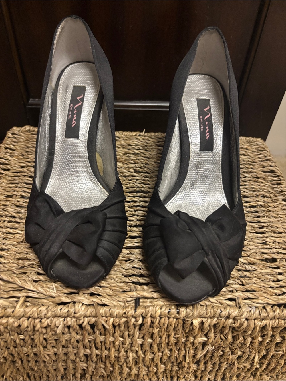Nina Black Satin Knot Peep-Toe Heels
